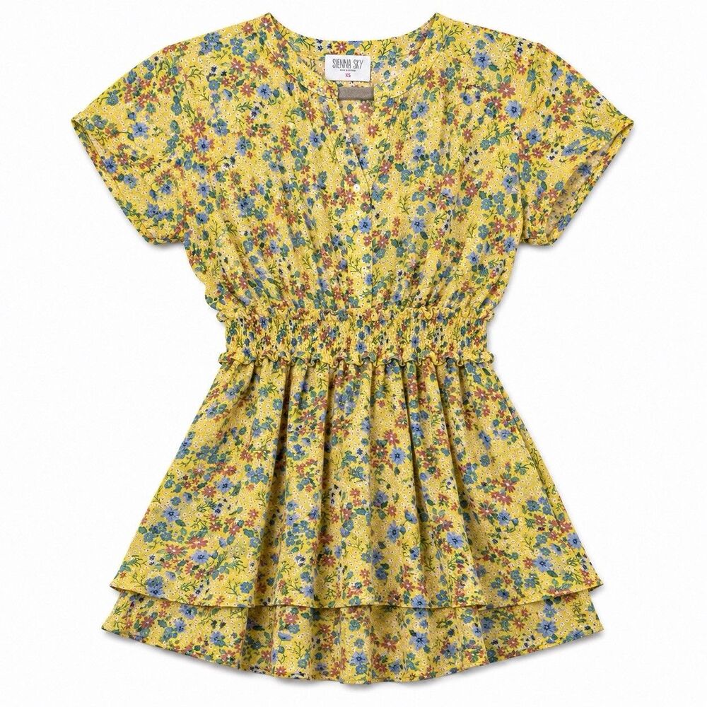 Sienna Sky Dress Women's XS Yellow Floral V Neck Short Sleeve Smocked Waist NWOT